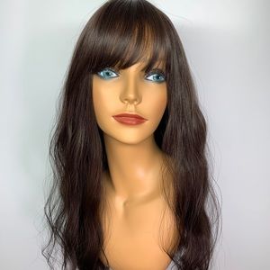 24” dark brown fully lush wave bangs synthetic wig